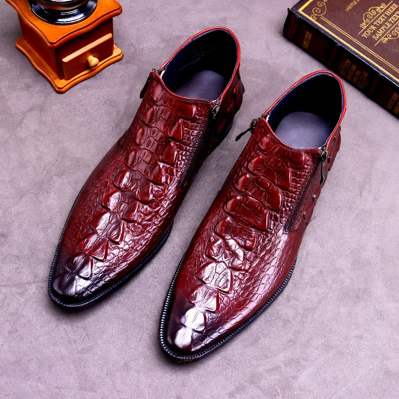 Winter New Short Boots Men'sCrocodile Grain Leather High-Top Shoes Zipper Warm Cowhide Leather Boots Round Toe Oxfords