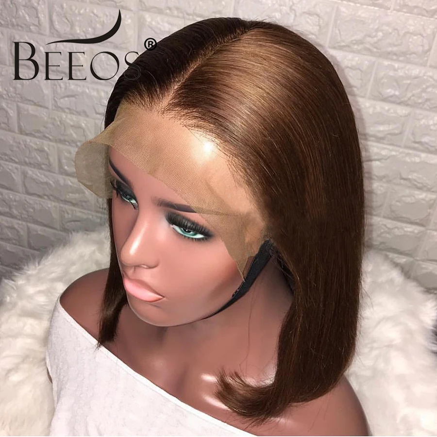 Beeos 150% 13*6 глубокая часть фронта шнурка человеческих волос парик прямой Боб коричневый цвет Предварительно сорванные бразильские волосы remy отбеленные узлы