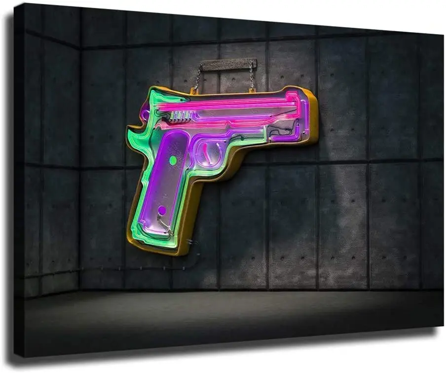 

Neon Gun Sign on Concrete Wall Art for Living Room Canvas Wall Decor 1 Piece Modern Canvas Pictures Paiting /978 (20x30inch