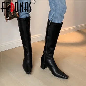 

FEDONAS Side Zipper Booties Woman High Boots Fall Winter Newest Genuine Leather Knee High Boots Wedding Basic Tight High Boots