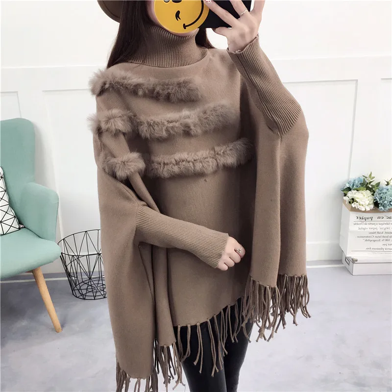 

Real Rabbit Fur Patchwork Cloak Turtleneck Pullover Cape And Poncho Shawl Fashion Tassel Women Autumn Winter Bat Sleeves Sweater