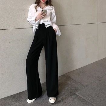 

2020 New Fashion Autumn Women's Office Ladies Loose Slimming Casual Straight Button High Waist Suit Pant