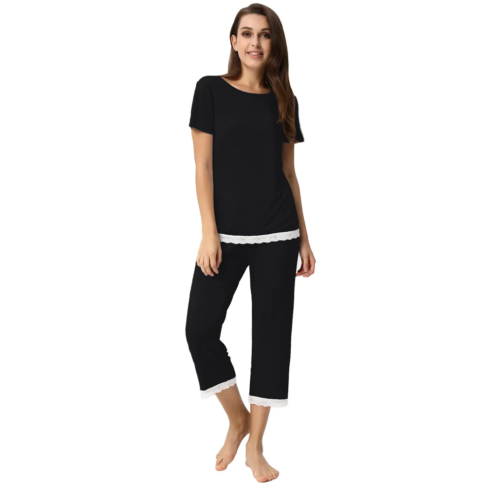 Women's 2pcs Set Comfy Modal Sleepwear Short Sleeve Tops+Cropped Pants summer comfortable stretch nightwear ladies Pajama sets