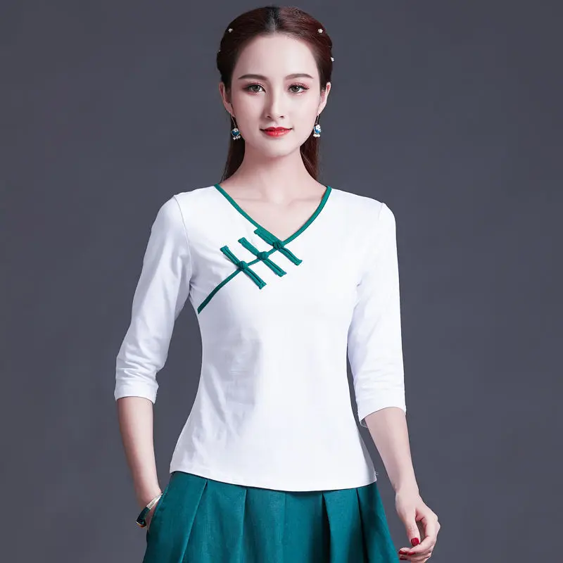 Cheongsam Women's Plus Size Short Tops Summer Cotton Blend Button Splicing Cheongsam Slim fit Chinese Qipao Shirts Woman