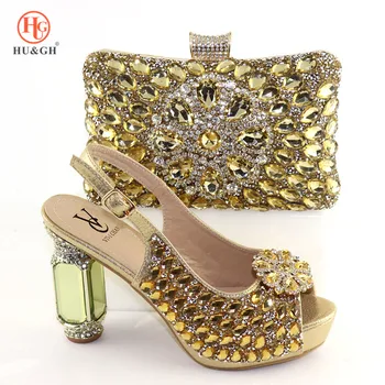 

New Italian Shoes with Matching Bags African Shoe and Bag Set for Party Nigerian Women Party Pumps with Purse Crystal High Heels
