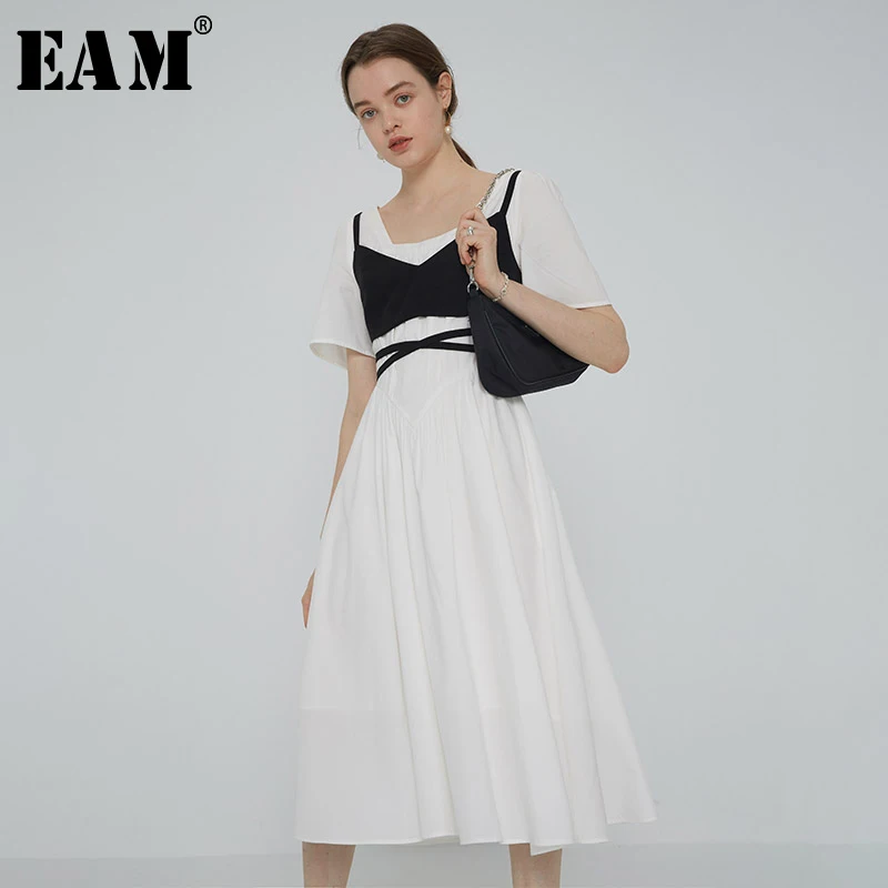 [EAM] Women White Brief Spit Joint Bandage Dress New Round Neck Short Sleeve Loose Fit Fashion Tide Spring Summer 2020 1W815