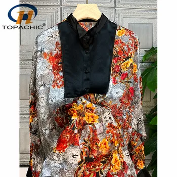 

1.7 2020 Spring Summer New Fashion Long sleeve Silk Shirt High end Contrast color Patchwork Jacquard Print Temperament Blouse