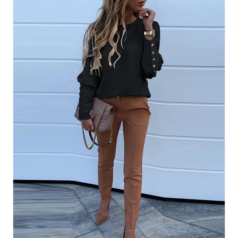 Long Sleeve Shirt Women Solid Casual Tee Shirt Femme Round Neck Button Plus Size Korean Clothes SJ4764V