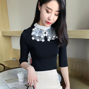 

2020 Early Spring Women's Patchwork Sweater Heart Mesh O-neck Half Sleeve Sweet Pullover Wild Tops