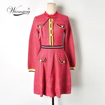 

Chic Ruffled Neck Long Sleeve Sweater Dress OL Rose Pink with Buttons Pockets Striped Knit Dress A-line for Women C-360