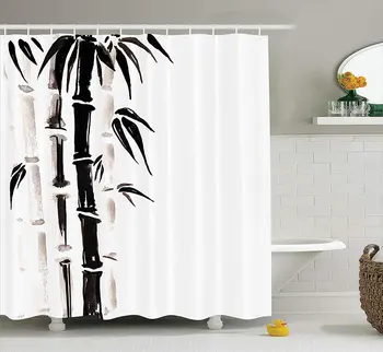 

Bamboo House Bamboo Pattern in Traditional Chinese Watercolor Painting Style Asian Art Print Black Cream Shower Curtain