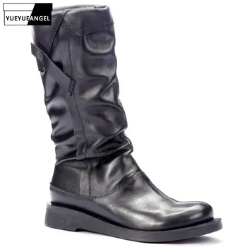 

Fashion 2019 Winter Fleece Lining Women Mid Calf Boots Genuine Leather Combat Boot Female Casual Platform Flats Riding Shoes