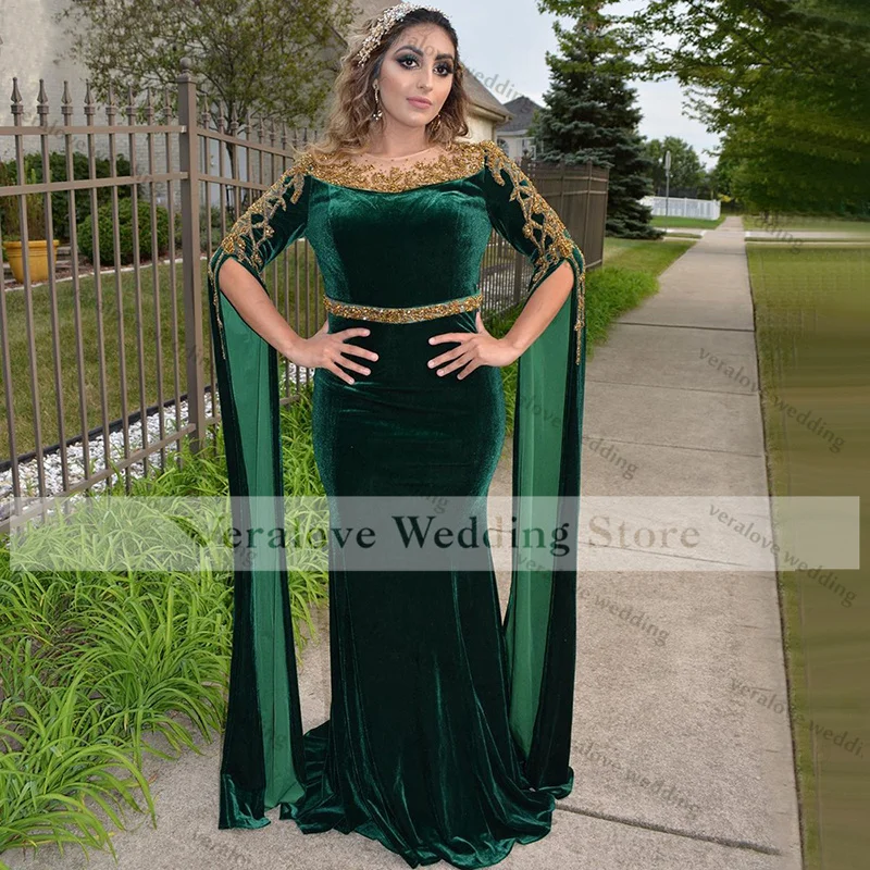 

Muslim Green Evening Dresses 2021 Beaded Elegant Mermaid Velour For Arabic Saudi Women Party Prom Wear vestidos de fiesta