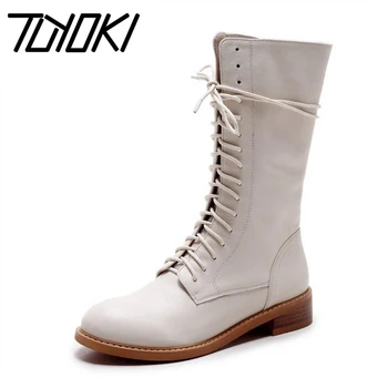 

Winter Women Boots Genuine Leather Round Toe Lace Up Half Boots Ladies Flat Botas Mujer Riding Boots Women Shoes Size 34-39