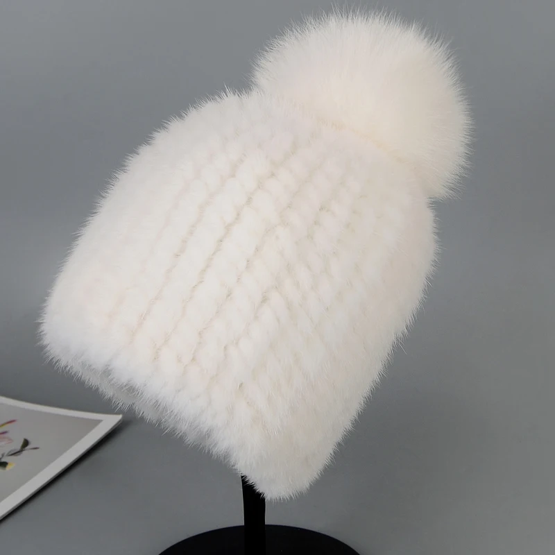 pure white Горячая Распродажа, меховая шапка из натуральной норки, женская зимняя вязаная шапка из меха норки, шапка с лисьим мехом, помпоны ручной работы, новая Толстая Женская шапка - Цвет: pure white