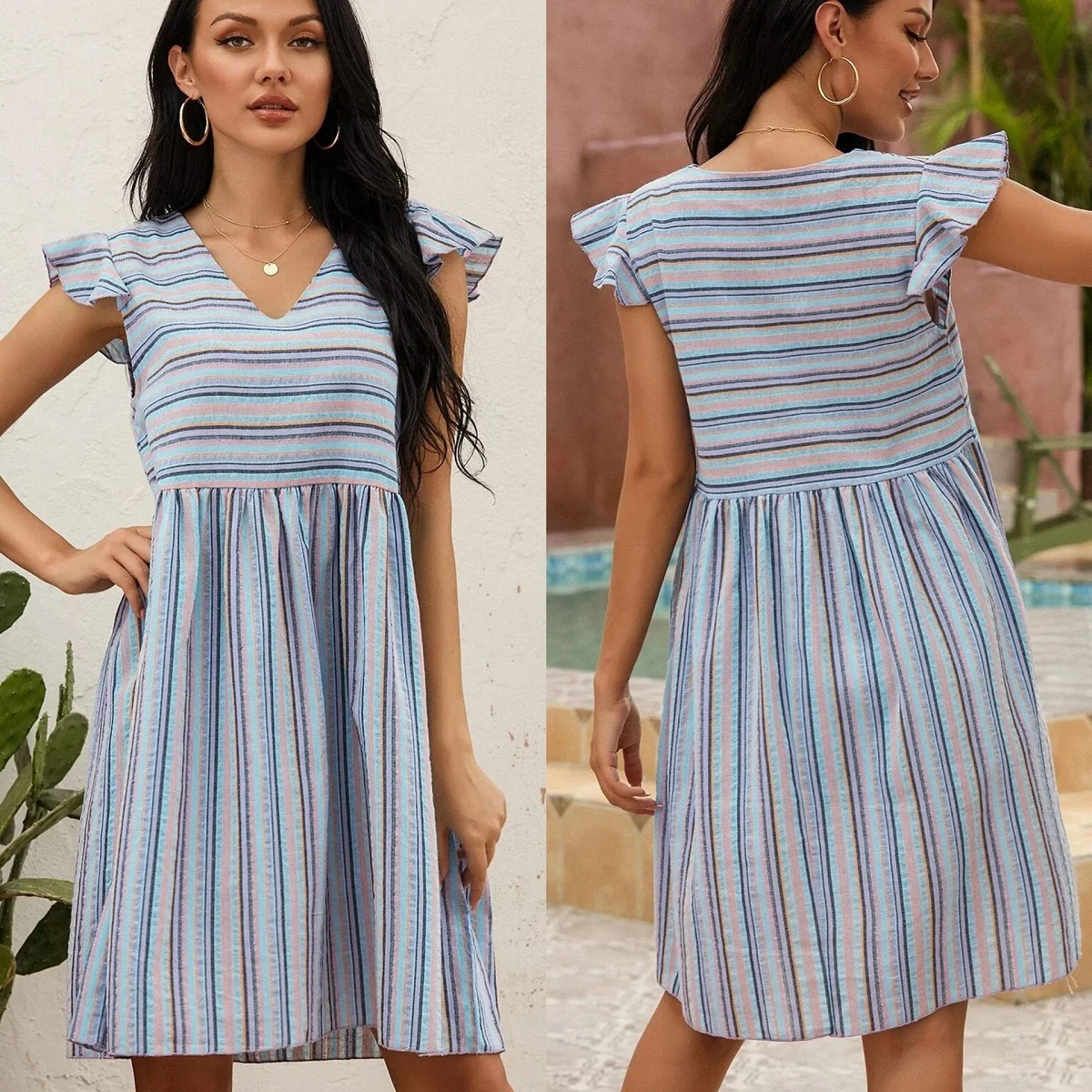 Женское платье в полоску с V-образным вырезом воланом и принтом | Женская одежда