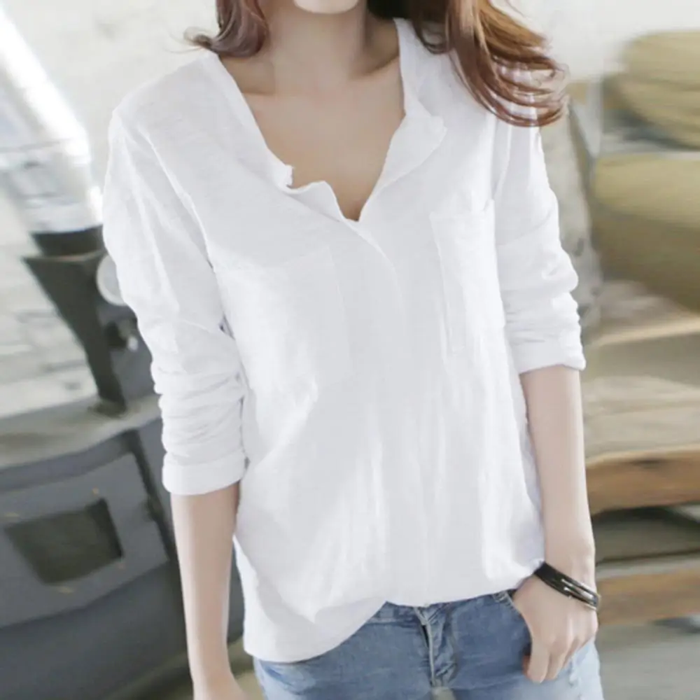 

Long Sleeve Plus Size Blouse Women Blusas Femininas De Verao 2019 Casual Autumn Solid V-Neck Pockets Women Tops Outwear A1
