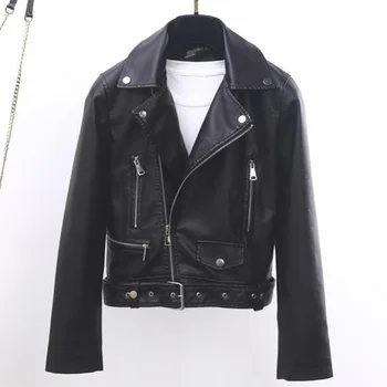 

2019 Autumn PU Jacket Women Long Sleeve Turn-Down Collar Zipper Faux Leather Jackets With Belt Motor Biker Punk Coat Outwear
