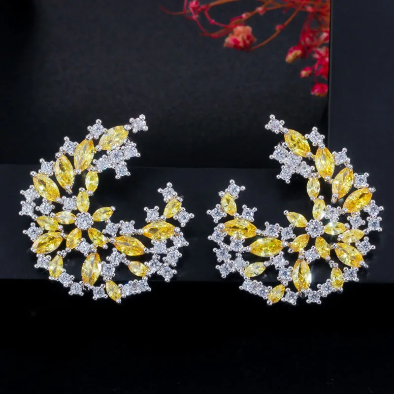 yellow CWWZircons уникальный элегантный дизайн серебряный цвет большой лист цветок желтый топаз Кристалл Висячие серьги для женщин модное ювелирное изделие CZ621 - Цвет камня: yellow
