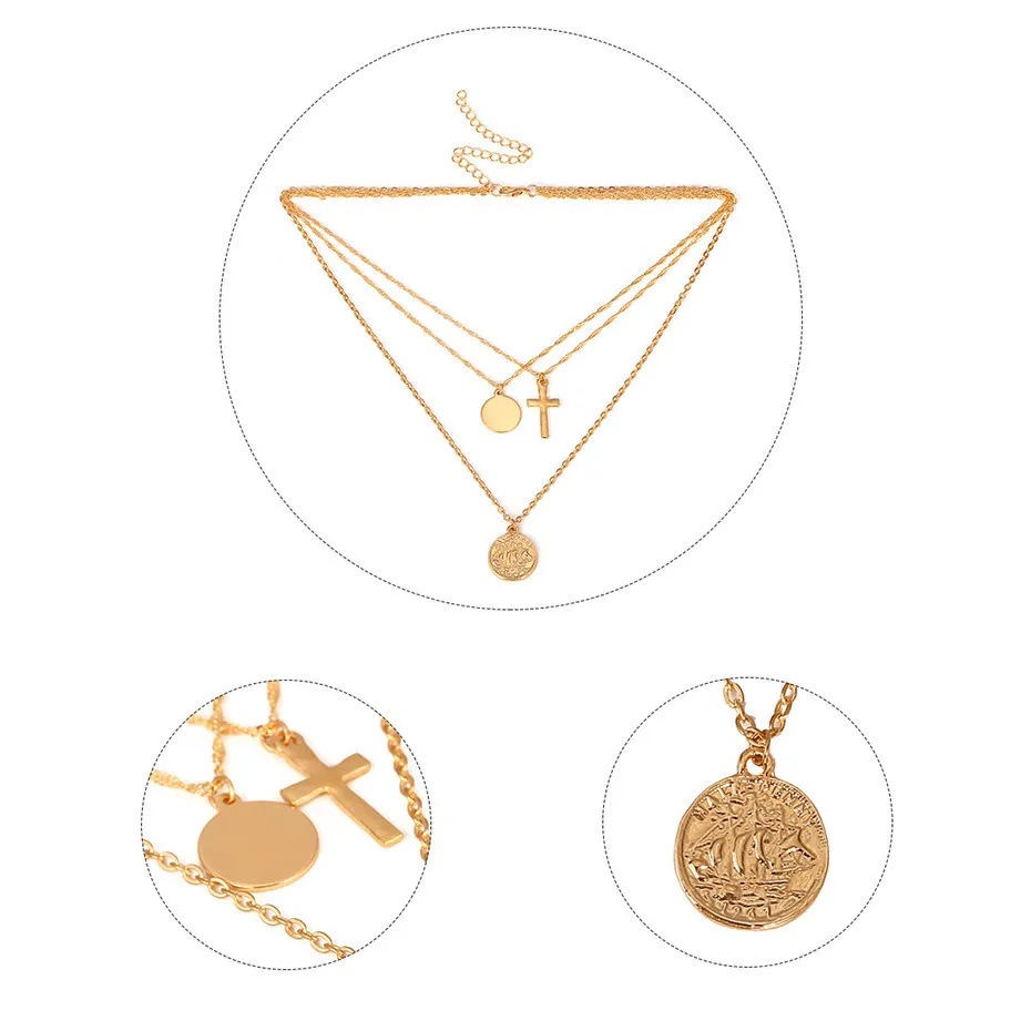 Vintage Queen Cross Coin Layered Necklace Silver