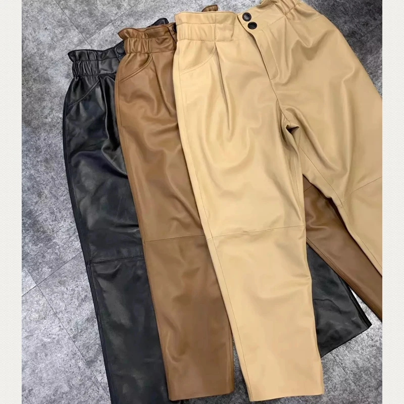 Женские брюки из натуральной овечьей кожи, модные укороченные джинсы из натуральной овечьей кожи с эластичным поясом на талии SK240