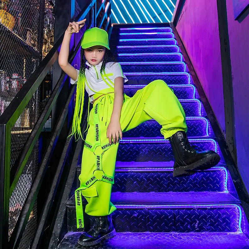 

Kids Hip Hop Clothes Short Top Fluorescent Green Pants For Girls Ballroom Dance Clothing Jazz Dance Costume Stage Outfit XS1609