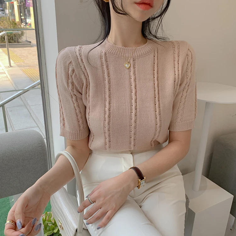 

Women Knitted Tee Shirt Elegant Summer sweater t Shirt Short Sleeves High Breathable O Neck Female Top Tshirt Elasticity jk024