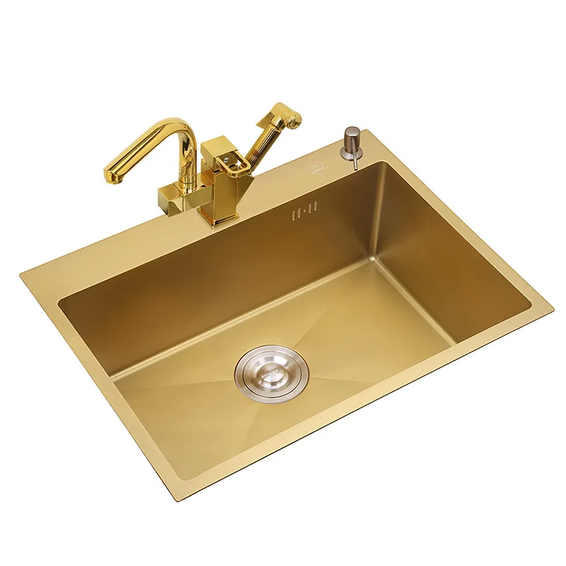 

3mm Thickness Stainless Steel Gold Kitchen Sinks Double Bowl Above Counter Nano-coating Sinks Vegetable Washing Basin with Tap