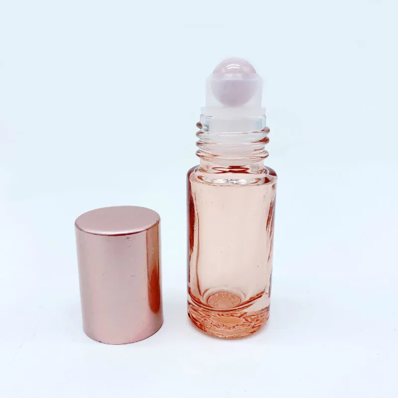 10pcs Rose Quartz Roller Bottle 5ml 10ml Pink Glass Essential Oil Bottle Refillable Travel Bottles Natural Gemstone Pink Crystal