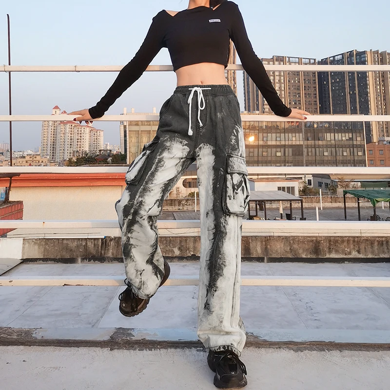 

Streetwear Tie Dye Stretch High Waist Y2k Fashion Baggy Jeans For Girls Female Fall 2020 New Oversize Women's Denim Cargo Pants