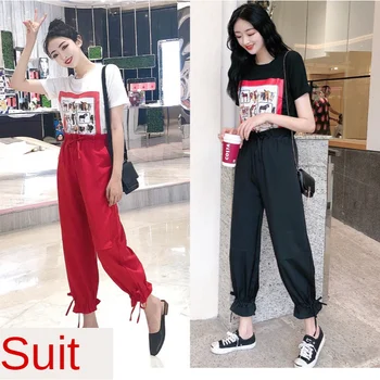 

Summer Women 2 Piece Set Tshirt Tops and Elastic Waist Harem Pants Ankle-length Casual Female Suit with Shorts Two Pieces Sets