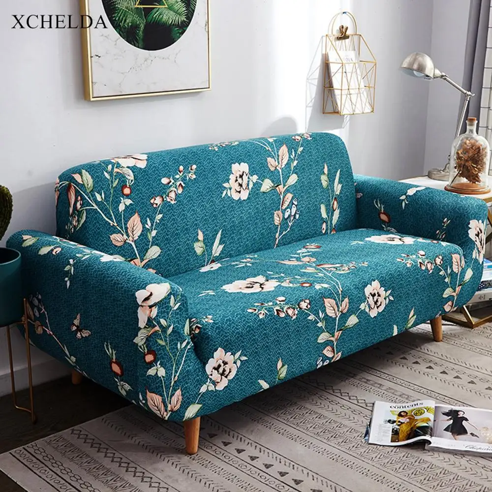 

Blue Armchair Slipcover Stretch Couch Case Floral Elastic Armrest L Corner Sectional Sofa Cover For 1 2 3 4 Seater Place