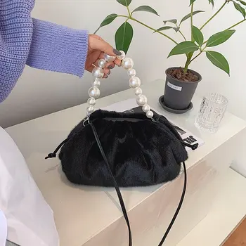 

Mini Plush Purse HandBag Fashion Pearl Handhold Bag For Lady Winter Solid Single Strap 2020 Luxury Soft Bag Designer Women Bolsa