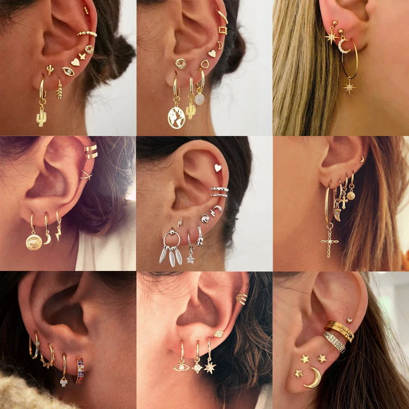

Vintage Tribal Ethnic Geometric Drop Dangle Hoop Earrings Set Small Lightning Star Moon Cactus Eye Cartilage Earrings for Women