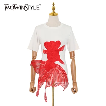 

TWOTWINSTYLE White Embroidery Hit Color Women's T Shirts O Neck Short Sleeve Casual T-shirts Tops Female 2020 Spring Fashion New