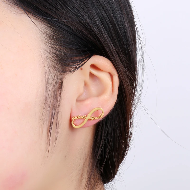 

Custom Gold Personalized Infinite Stud Earrings Customized Cursive Nameplate Stud Earrings Gift For Women Anniversary Gift