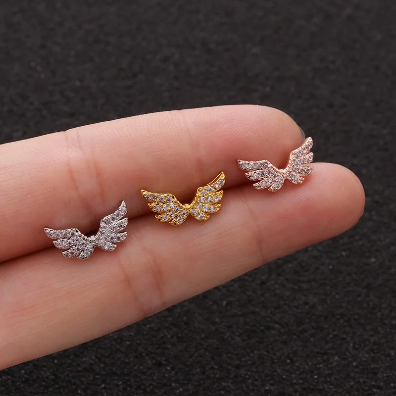 1 PCS Trendy Small Angel Wing Shape Ear Cartilage Stud Cuff Earring Cute Silver Color CZ Helix Piercing Steel Bar Jewelry | Украшения и