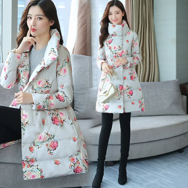 

2019 Winter New Style Fashion Printed Mid-length Cotton Coat A- line Slim Fit Western Style Stand Collar CHIC Cotton-padded Clot