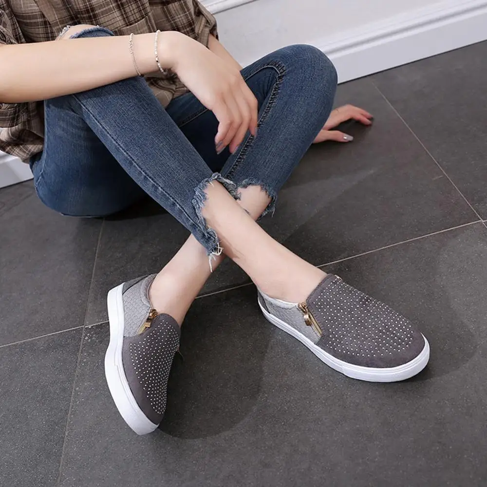 

New Flat Slip On Rhinestone loafers women lazy shoes Fashion solid Side Zipper Single Shoe large size Breathable shoes