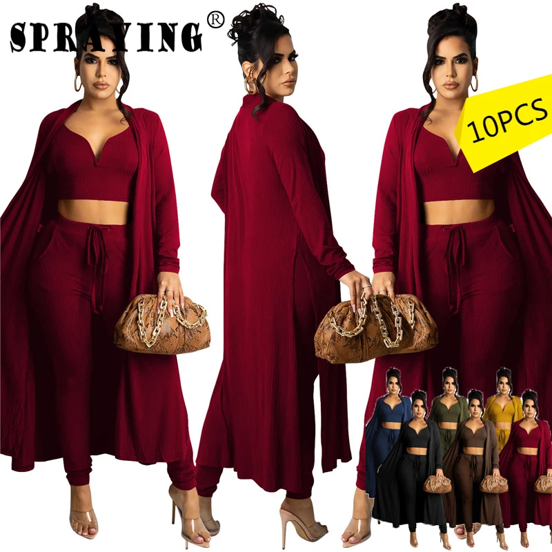 Wholesale Items Fall Women Tracksuit 3 Piece Set Vest Coat Pants Sets Fashion V neck Sexy Lounge