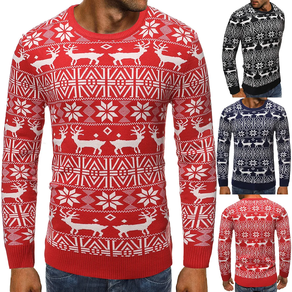 

Men's Sweaters, Ping'an Deer Printed Sweaters,Round Necked Slim Fit Sweaters,Sweaters, Tops,Red Sweaters,streetwear,Men Sweater