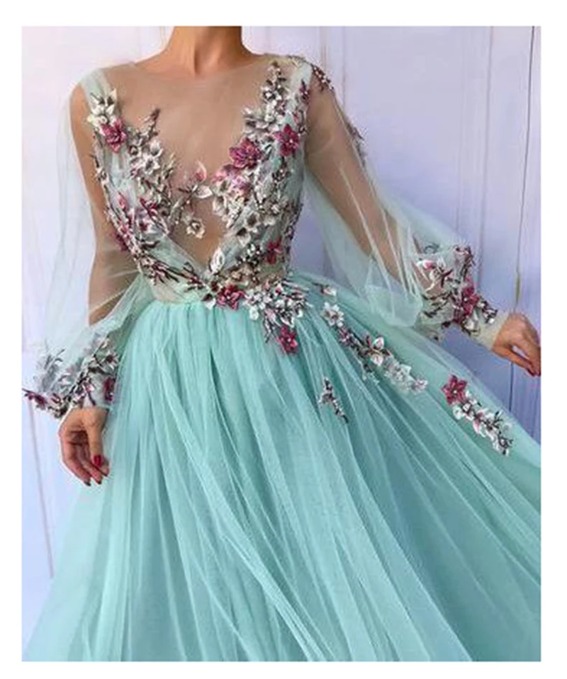 LORIE Arabic Evening Dresses Appliques 3D Flowers Long Sleeve Tulle Green Fairy Prom Gown Celebrity Party Dress for Teens LORIE Arabic Evening Dresses Appliques 3D Flowers Long Sleeve Tulle Green Fairy Prom Gown Celebrity Party Dress for Teens