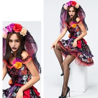 Adult Women Halloween Skeleton Scary Vampire Bride Costume Cosplay Day of Dead Fancy Dress Veil Disguise Carnival Party Purim