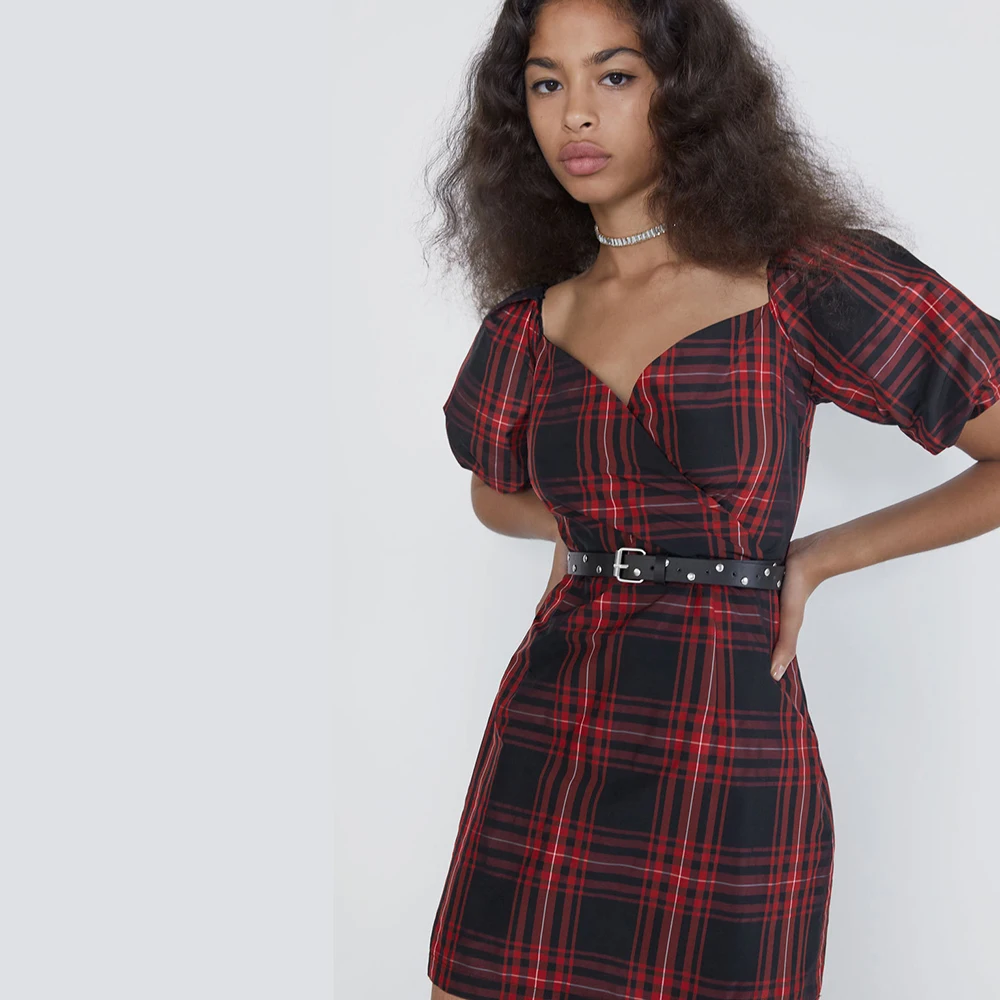 Платье ZA Fashion женское Красное Клетчатое тонкое винтажное корейское осенне-летнее новейшее платье богемные Повседневные Вечерние подарок для друзей/девочек