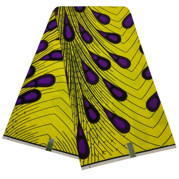 

Ankara Fabric African Real Wax Purple Peacock Feather Print 6 Yards/Piece Yellow Polyester African Fabric Wax Tissu African