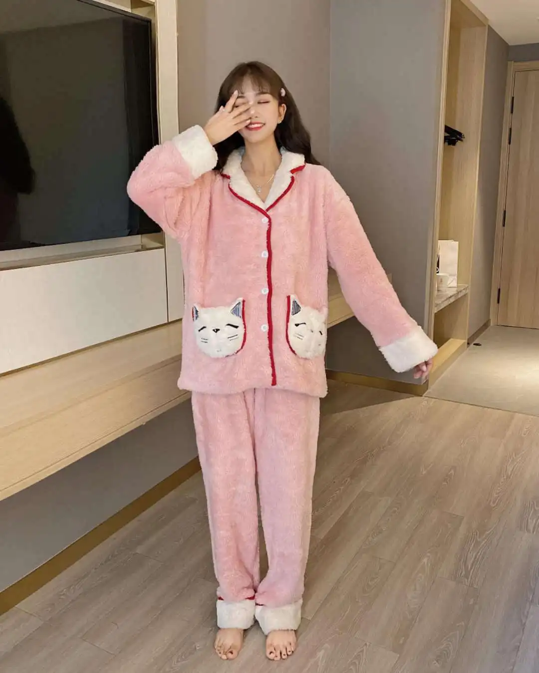 Women's Pajamas for Winter Thickened Flannel Gray Ladies V-neck Two-piece Homewear for Women Long Sleeve Sleepwear