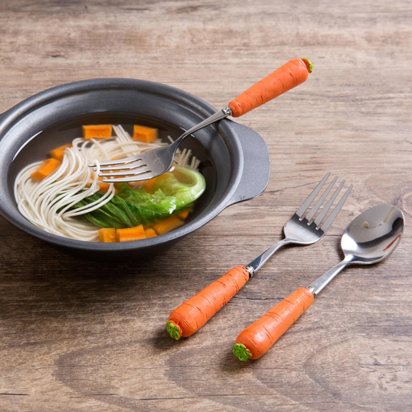 Cartoon Stainless Steel Long Handle Spoon/ Fork Cute Carrot Rabbit Dinner Spoon Fork Tableware Flatware Utensils Home Kitchen stainless steel spoon
