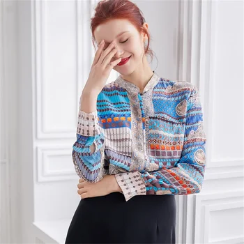 

shirt clothing tops New Silk Retro Loose Print Mulberry Silk womens clothing Long Sleeve Top Shirt spring style shirt