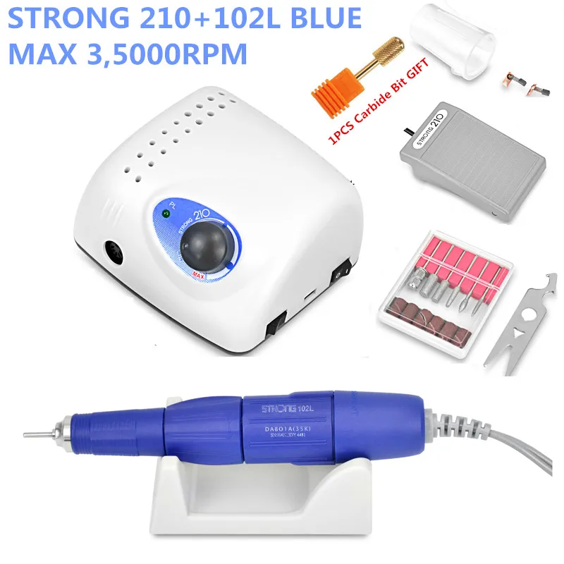STRONG 210 102L BLUE Новое поступление 65 Вт 35000 об./мин Электрическая дрель для ногтей сильная 210 модель 102л наконечник для маникюра педикюра пилка для ногтей - Цвет: STRONG 210 102L BLUE