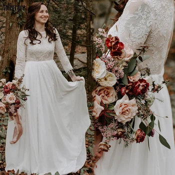 

Country Boho Wedding Dresses O Neck Long Sleeves Lace Appliques Open Back A Line Bridal Gowns Vestido de Noiva Sweep Train